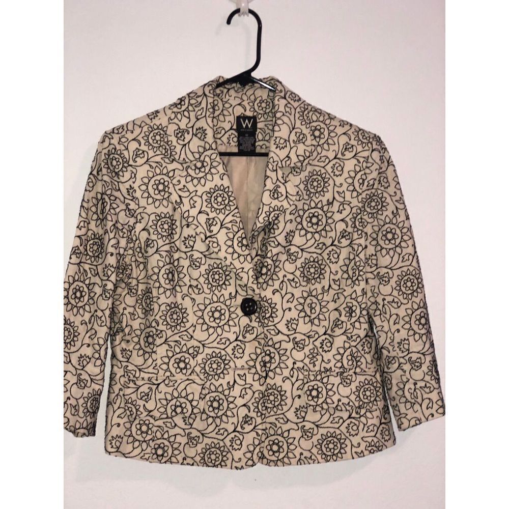 W Work to Weekend floral embroidered jacket 10 black and beige 55% linen